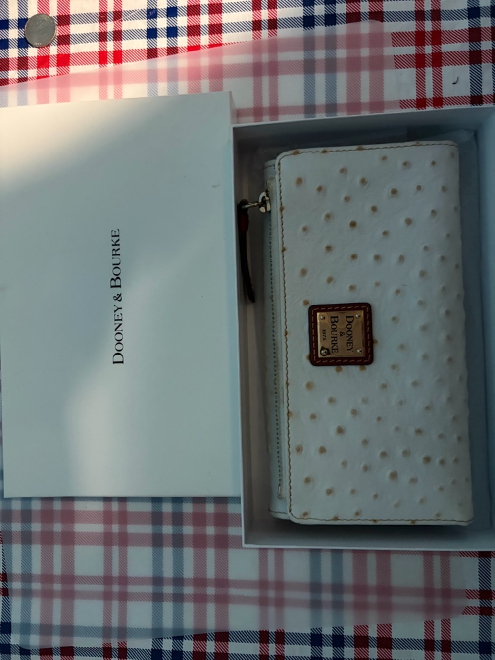 Dooney & Bourke White Ostrich-Embossed Zip Around Wallet with Brown Trim